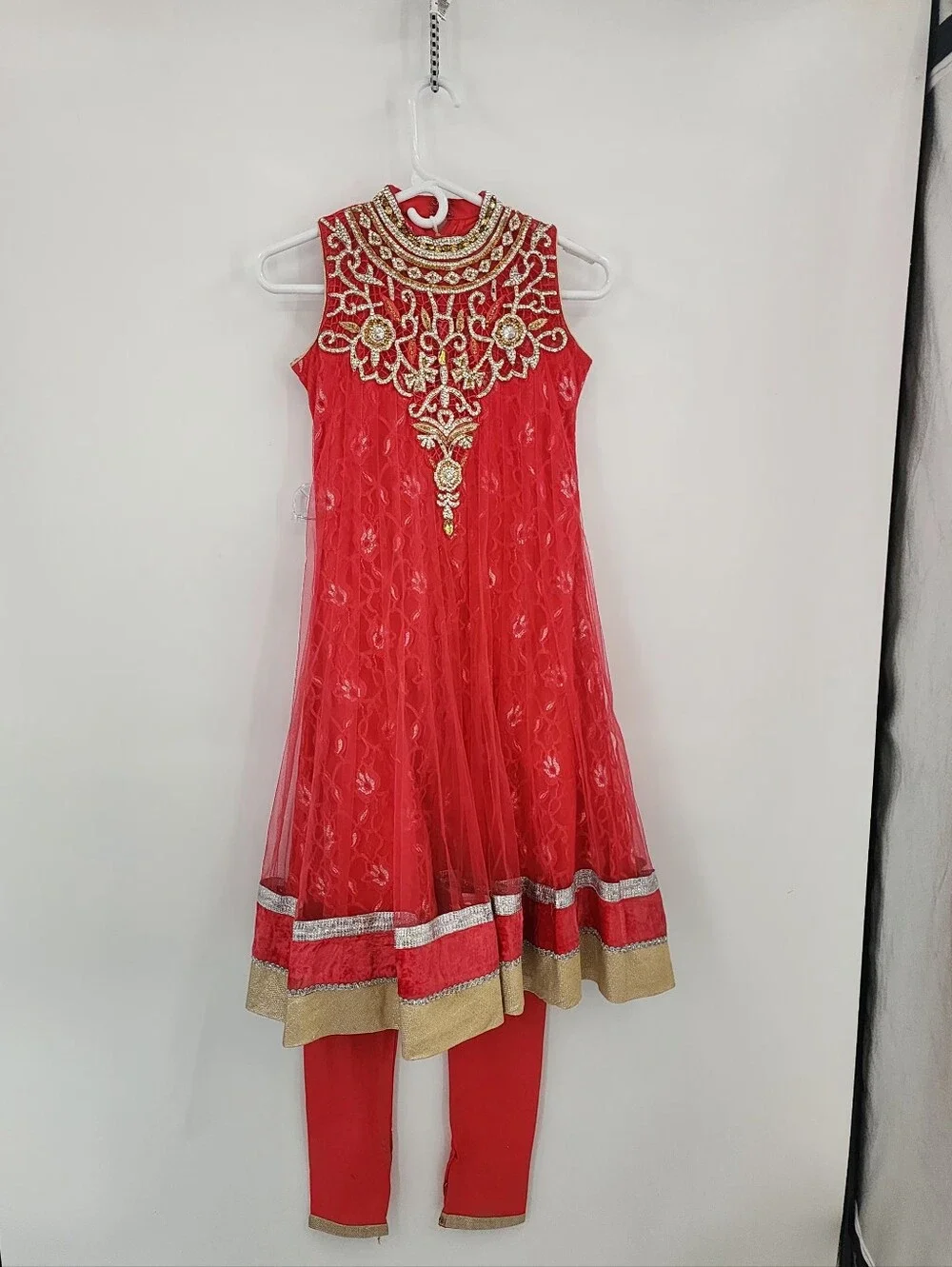 Girls Red Embellished Anarkali Set with Matching Leggings By For Kids Sz 8 Years